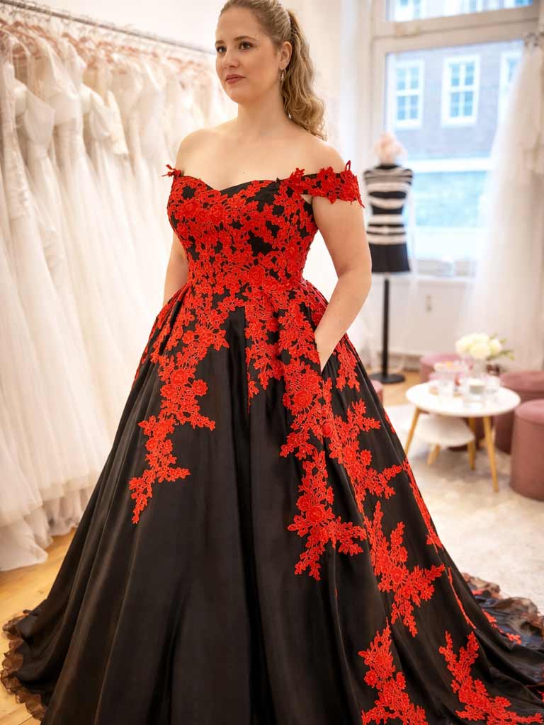 Alternativtext (Alt-Text): Elegantes schwarz-rotes Brautkleid aus Satin mit roter Spitze von Lafanta Berlin, ideal für Bräute, die schwarze Brautkleider in der Schweiz suchen.
