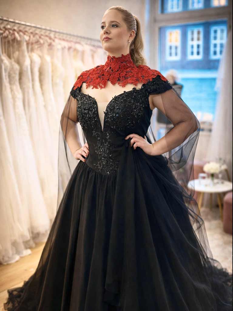 Braut in einem schwarzen Brautkleid mit kontrastreichem rotem Spitzen-Cape – exklusive schwarze Brautkleider in der Schweiz.