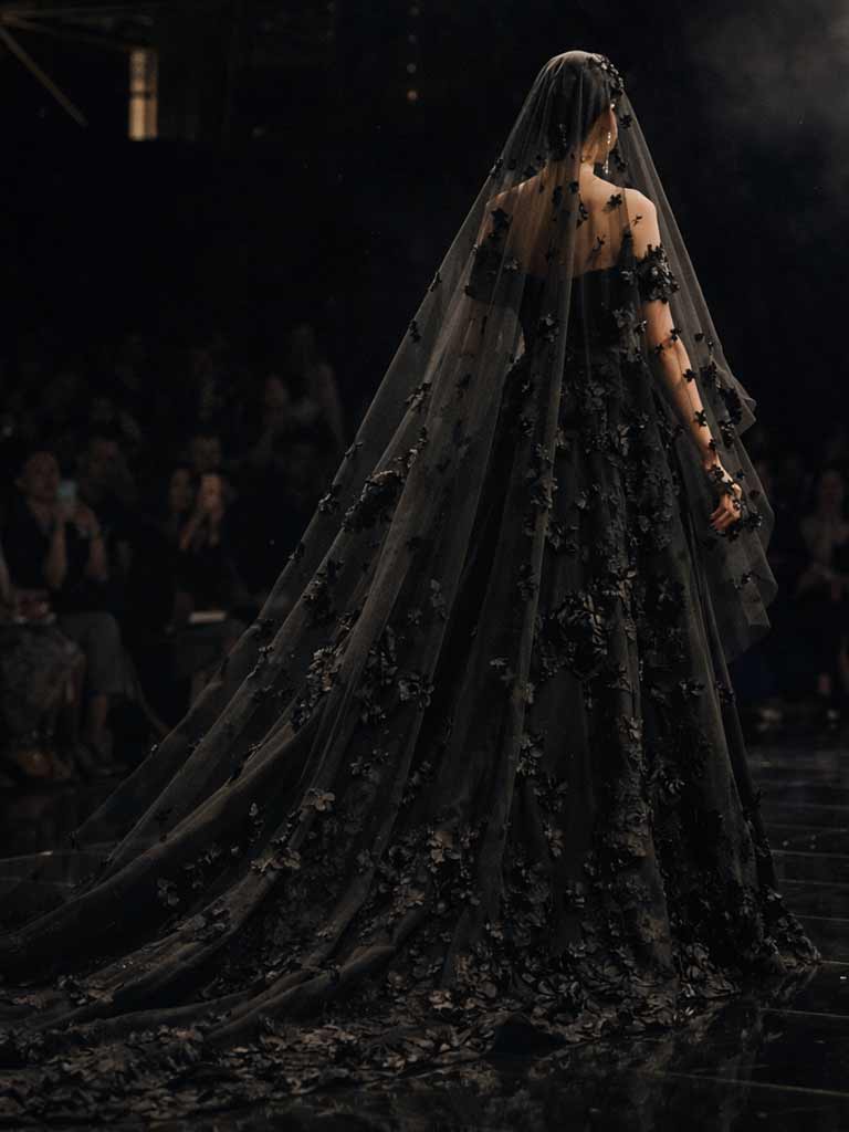 Rückenansicht eines opulenten schwarzen Brautkleids mit langer Schleppe und passendem Spitzen-Schleier auf einem Runway. LAFANTA Schwarze Brautkleider Schweiz Kollektion.