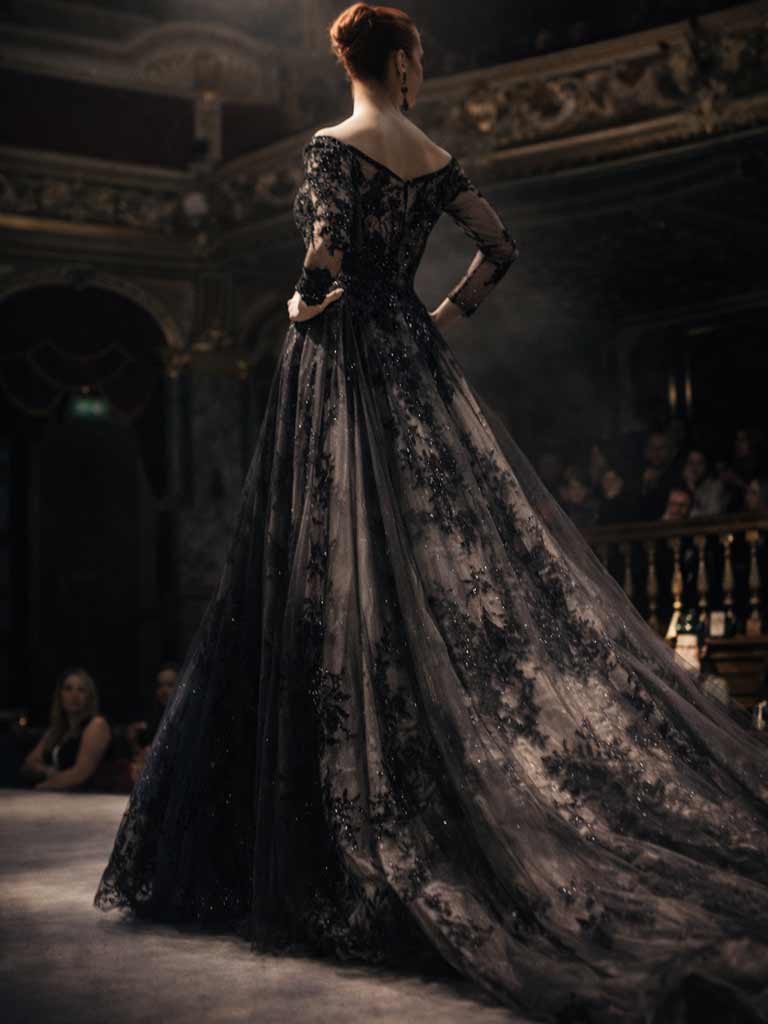 Elegantes schwarzes Brautkleid mit Spitze und langer Schleppe für Bräute in der Schweiz.