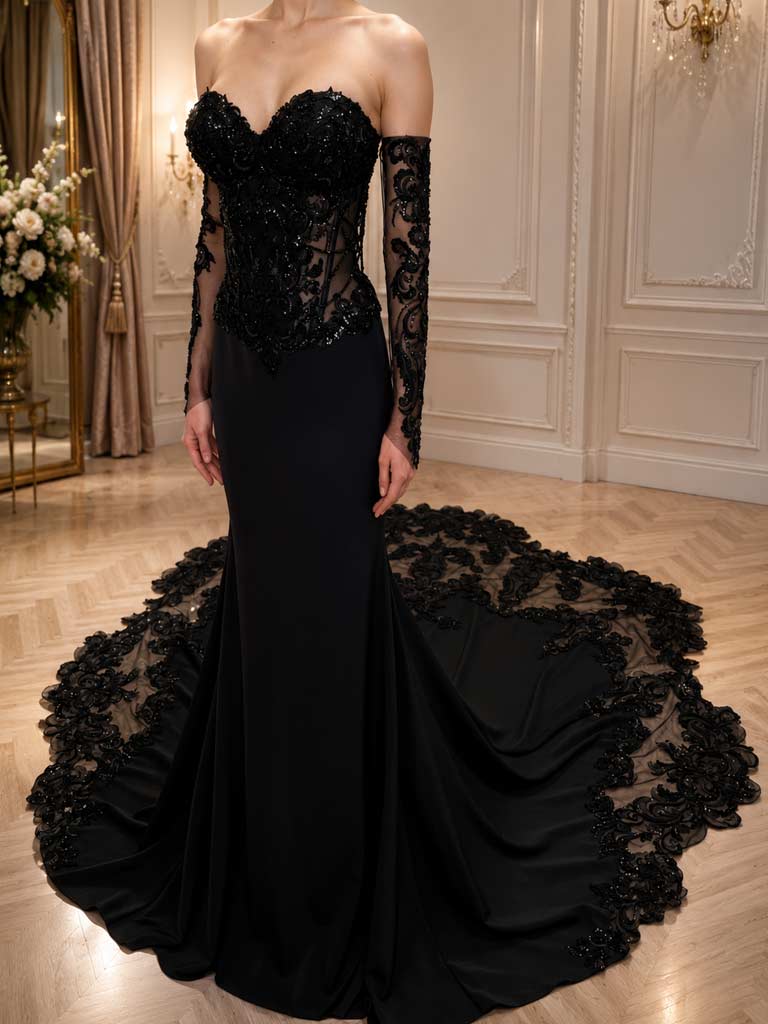 Figurbetontes schwarzes Brautkleid mit Spitzenschleppe – LAFANTA Zürich