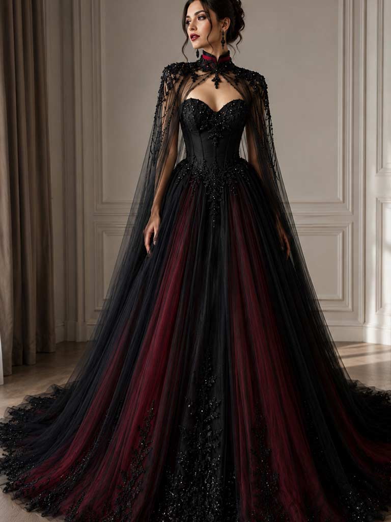 Gothic Brautkleid in Schwarz und Rot mit Cape – LAFANTA Zürich