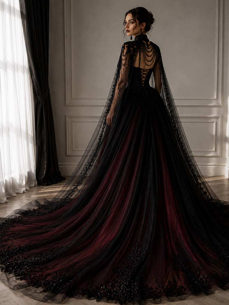 Gothic Brautkleid Schwarz-Rot mit langer Schleppe – LAFANTA Zürich