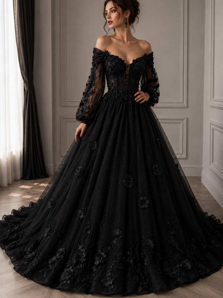 Schwarzes Brautkleid mit 3D-Blumen von LAFANTA Couture Zürich