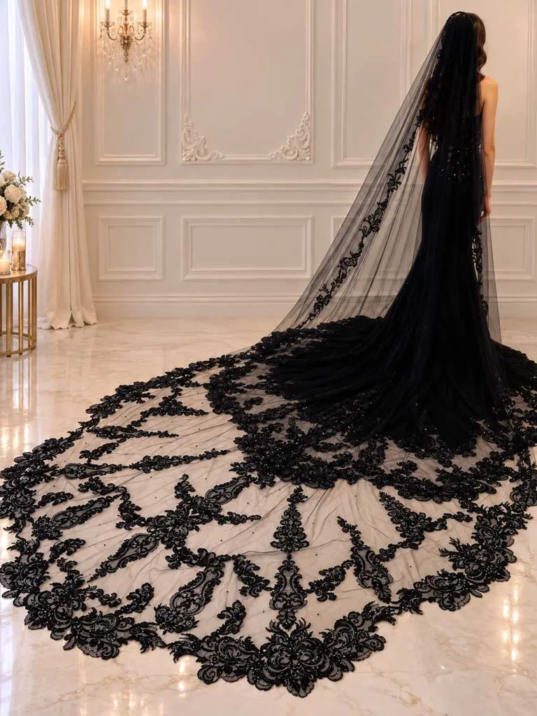 Schwarzes Brautkleid mit langer Spitzenschleppe – LAFANTA Zürich