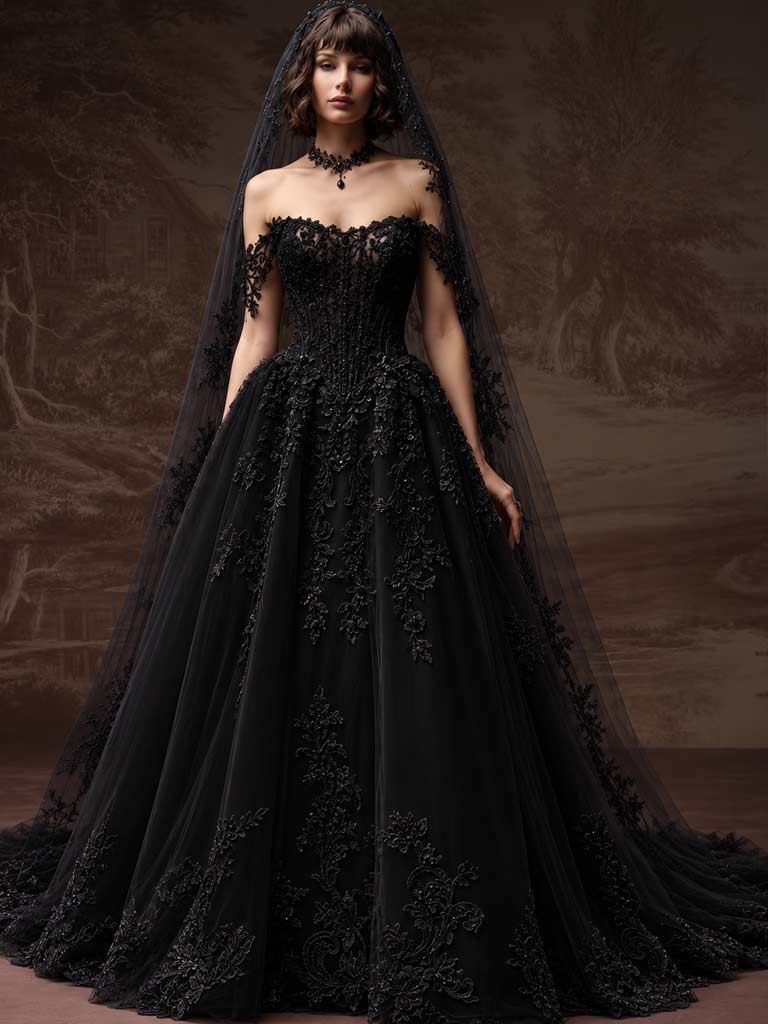 Schwarzes Hochzeitskleid mit Spitze – LAFANTA Couture Zürich